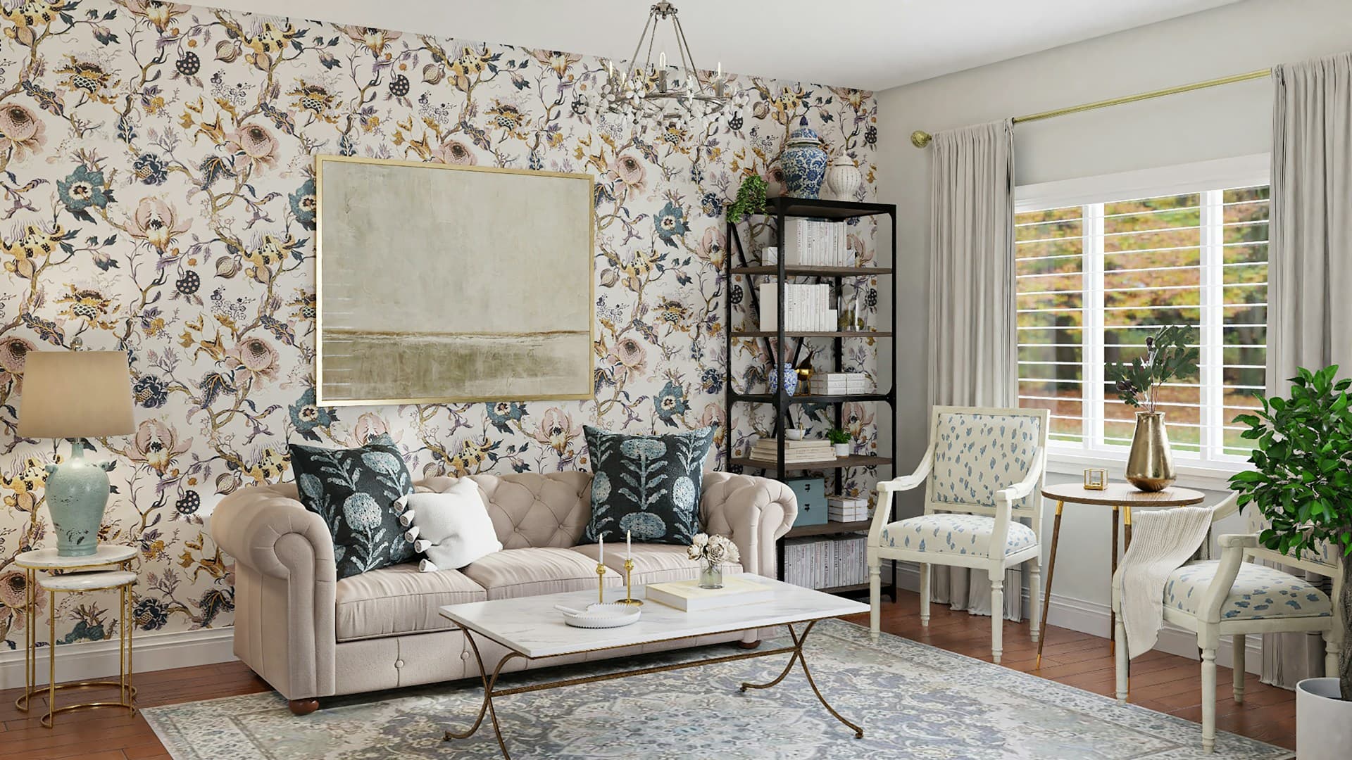 Living room with digitally printed floral wallpaper and upholstery